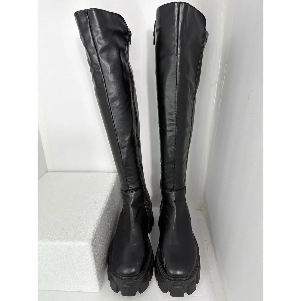 Nasty Gal Black Faux Leather Chunky Platform Over The Knee Lug Sole Boots Size 8